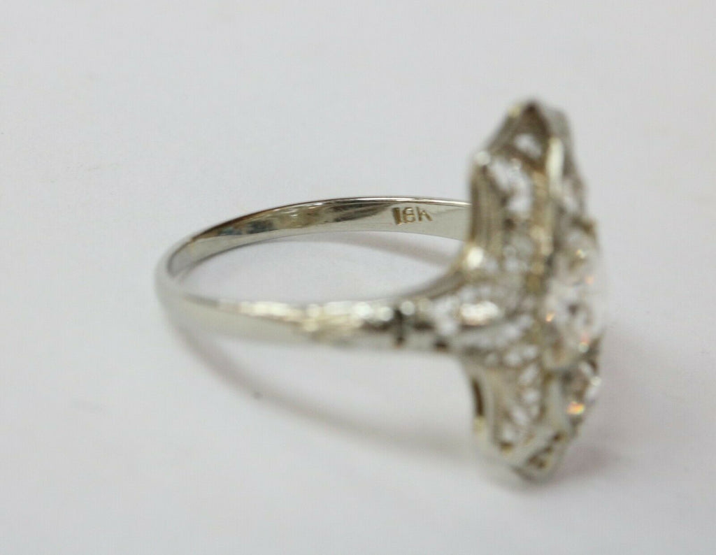 Stunning Art Deco 18K White Gold Filigree Three Diamonds Shield Ring