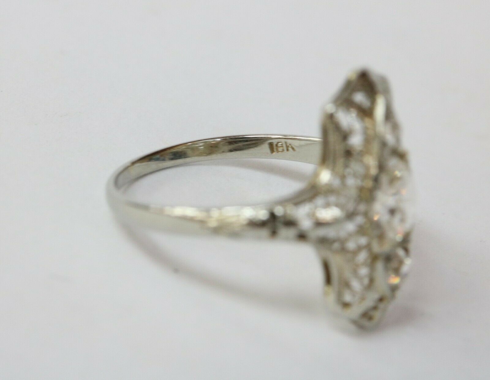 Stunning Art Deco 18K White Gold Filigree Three Diamonds Shield Ring