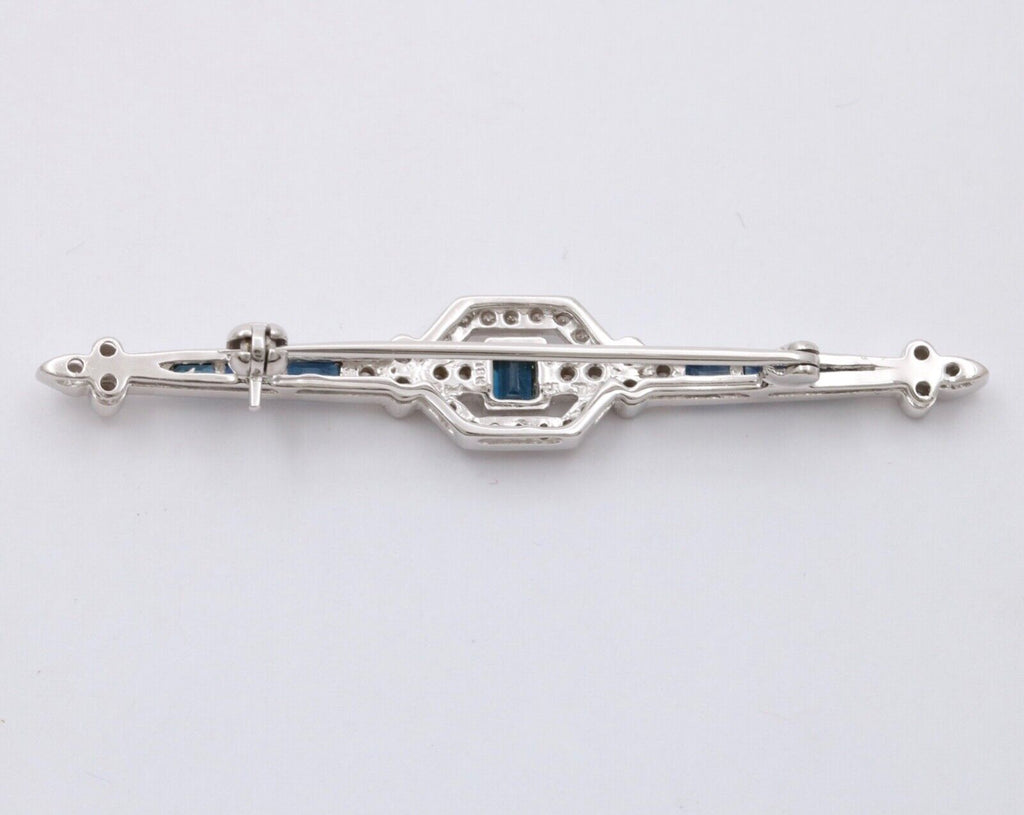 Vintage Art Deco Style 18K White Gold Diamond and Sapphire Bar pin, Brooch