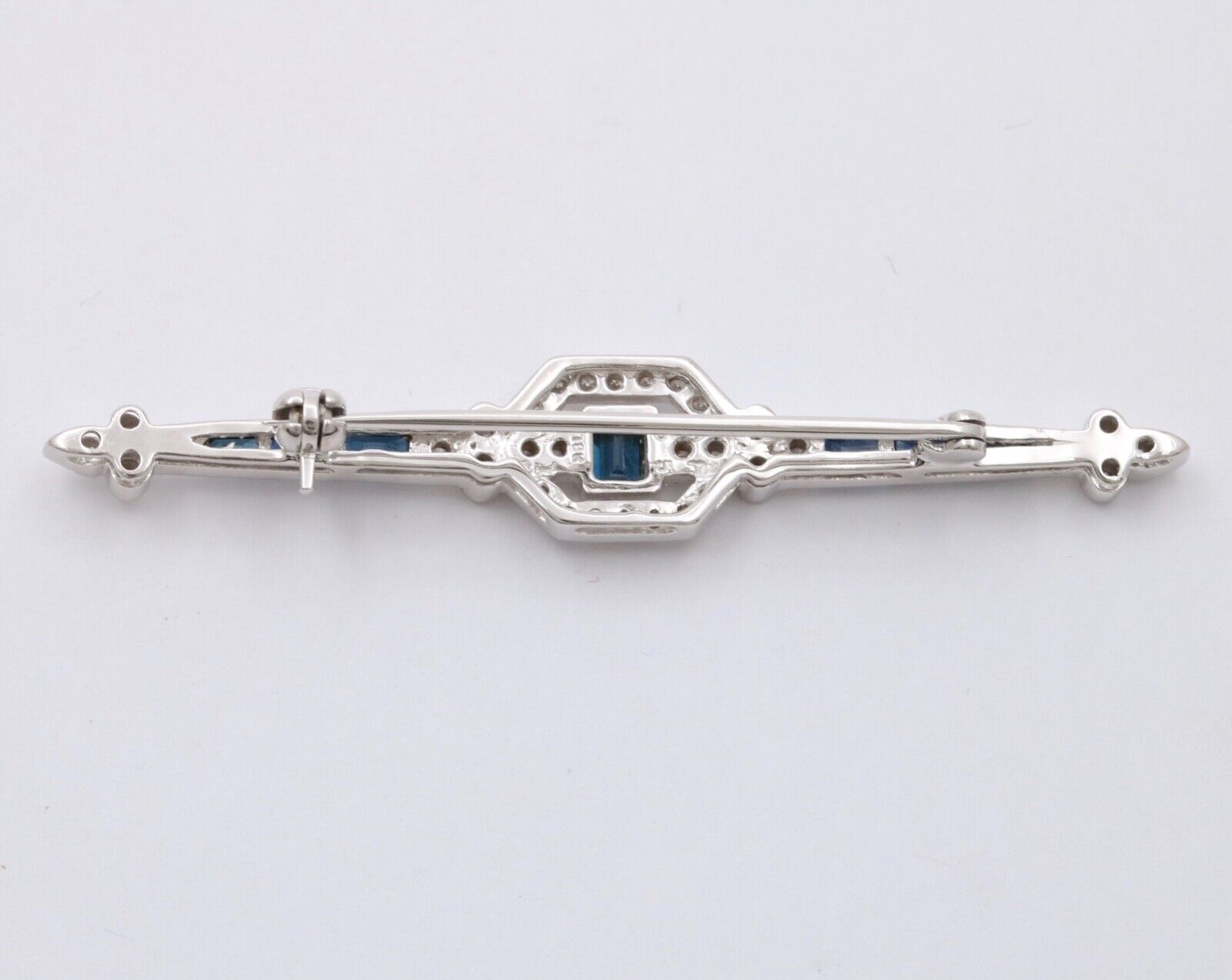 Vintage Art Deco Style 18K White Gold Diamond and Sapphire Bar pin, Brooch