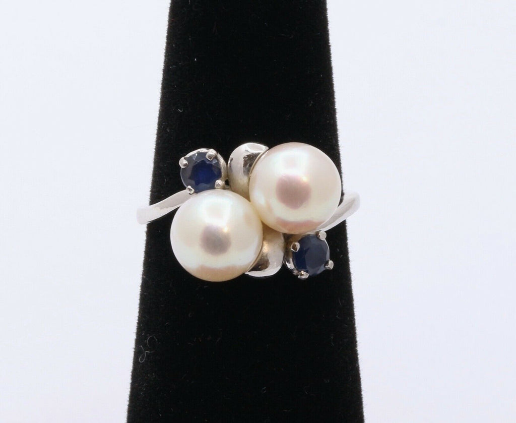 Mikimoto Vintage Pearls Blue Sapphires 14K White Gold Ring