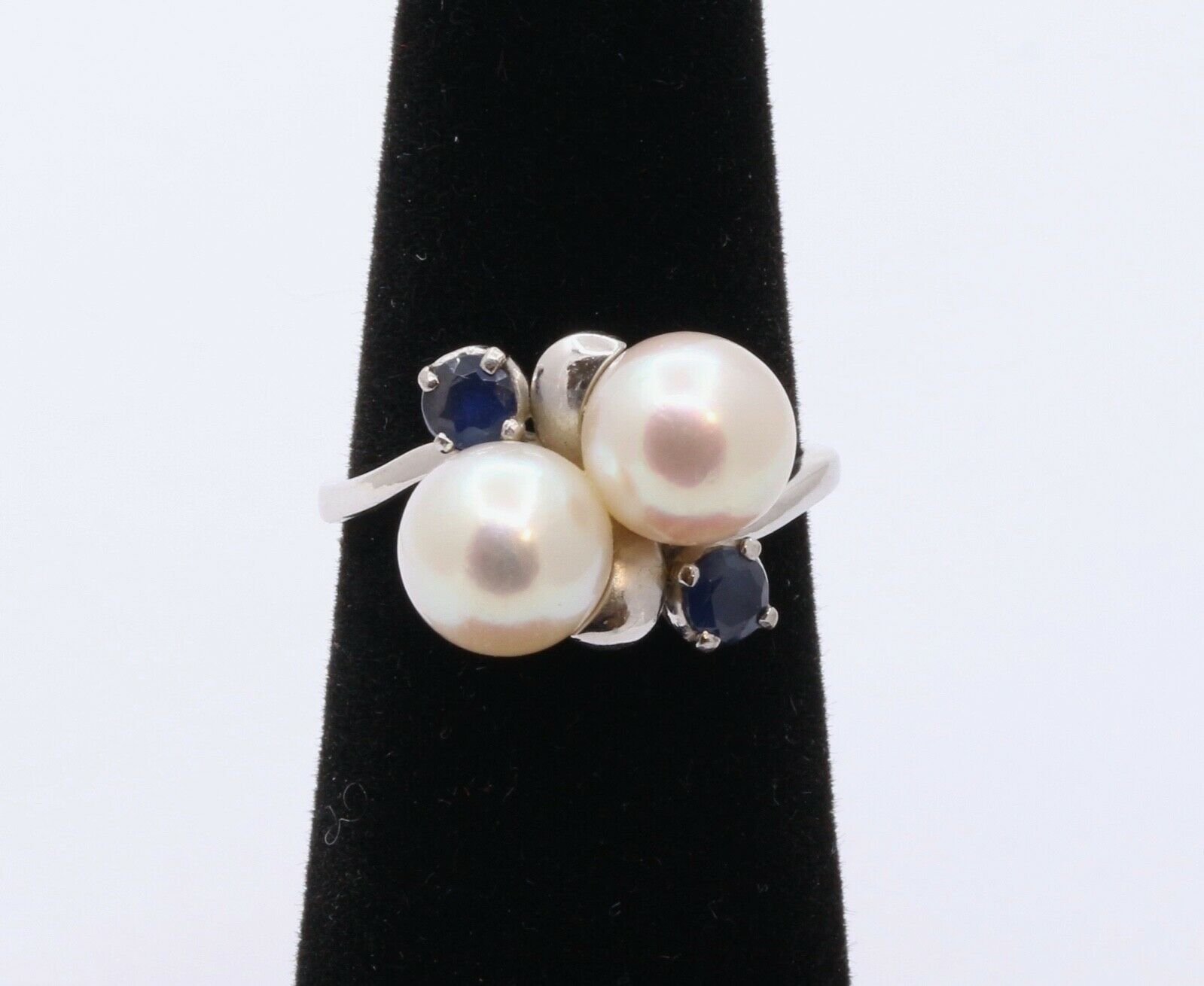 Mikimoto Vintage Pearls Blue Sapphires 14K White Gold Ring