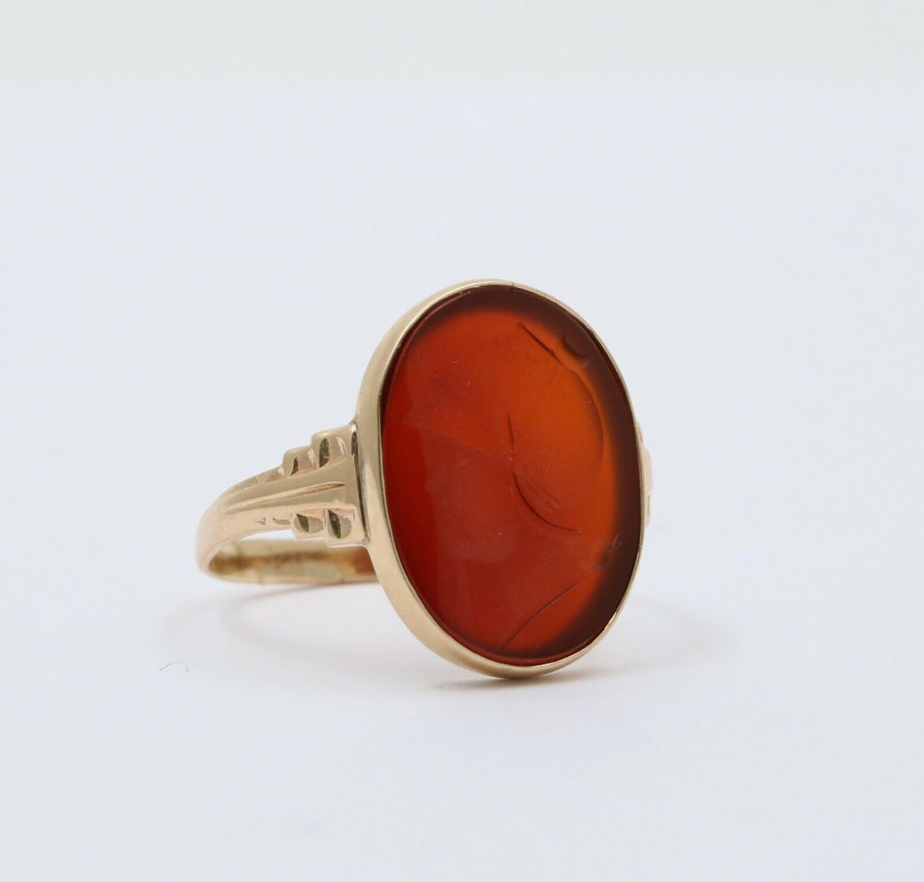 Art Deco Intaglio Carved Carnelian 14K Yellow Gold Signet Ring