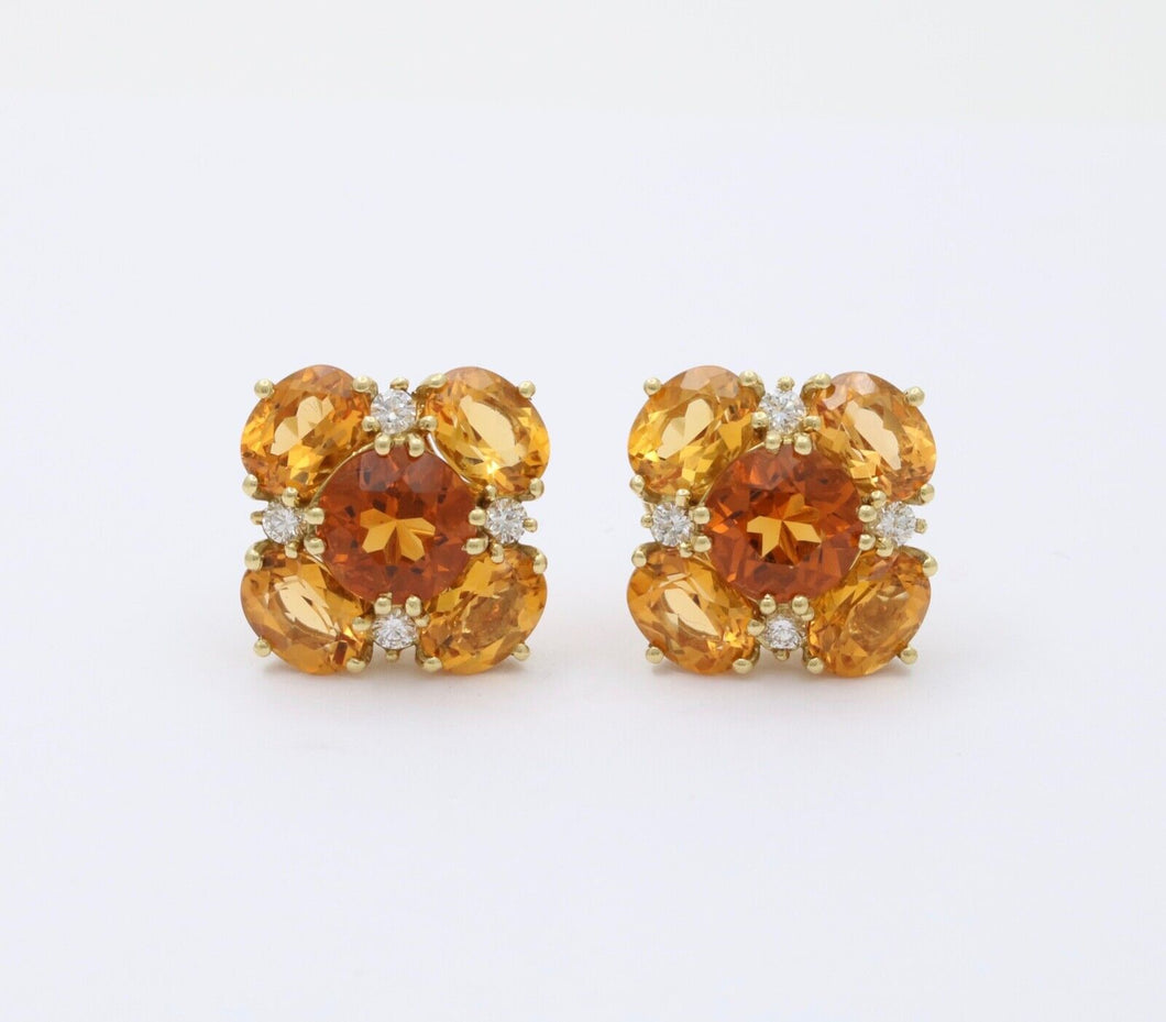 Vintage Madeira Golden Citrines Diamonds 18K Yellow Gold Earrings