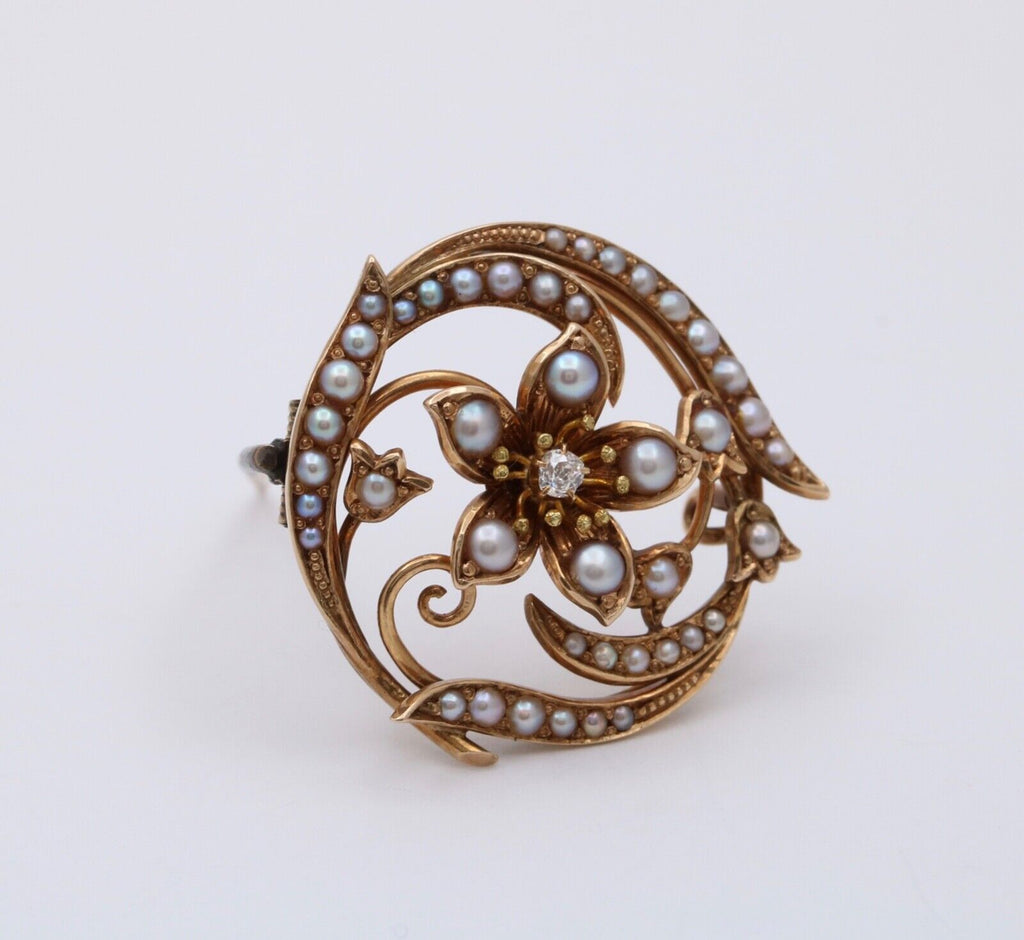 Antique Victorian 14K Yellow Gold Diamond and Pearl Floral Brooch, Pin