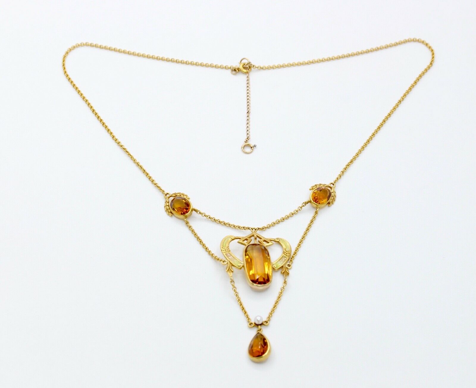 Art Nouveau 14K Yellow Gold Citrine Pearl Enamel Pendant Necklace