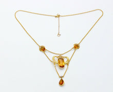 Load image into Gallery viewer, Art Nouveau 14K Yellow Gold Citrine Pearl Enamel Pendant Necklace
