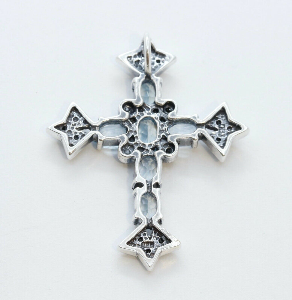 Navajo Synthetic Aquamarine Marcasite Sterling Silver Cross Pendant