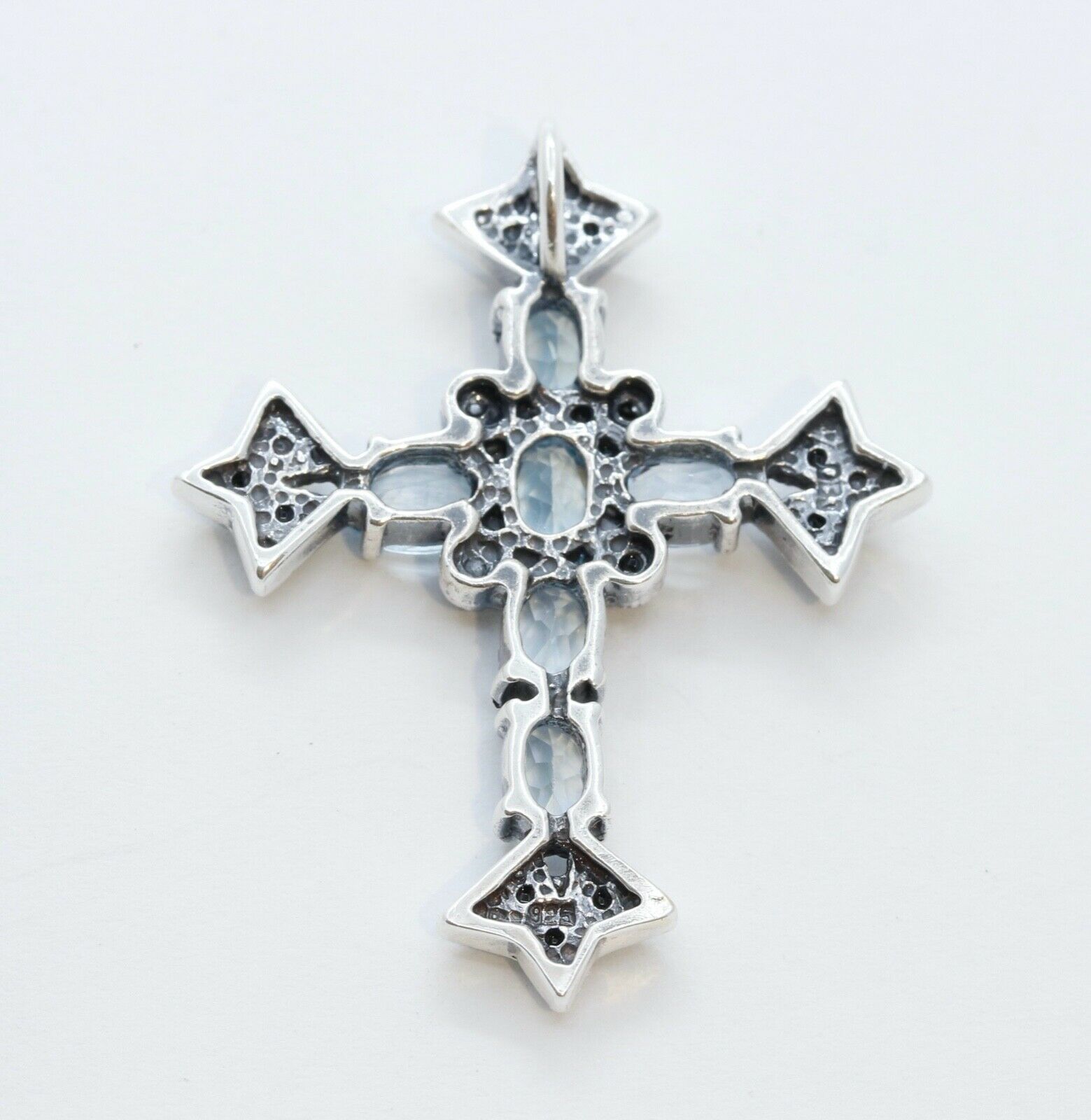 Navajo Synthetic Aquamarine Marcasite Sterling Silver Cross Pendant