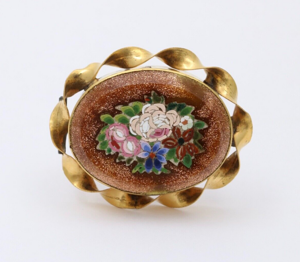Antique 10K Gold Filled Bloodstone Pietra Dura Micro Mosaic Brooch, Pin.
