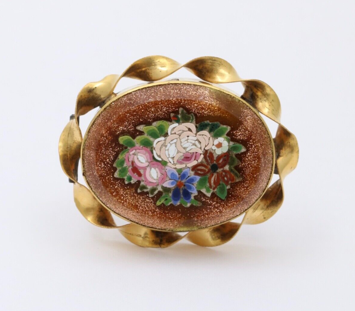 Antique 10K Gold Filled Bloodstone Pietra Dura Micro Mosaic Brooch, Pin.
