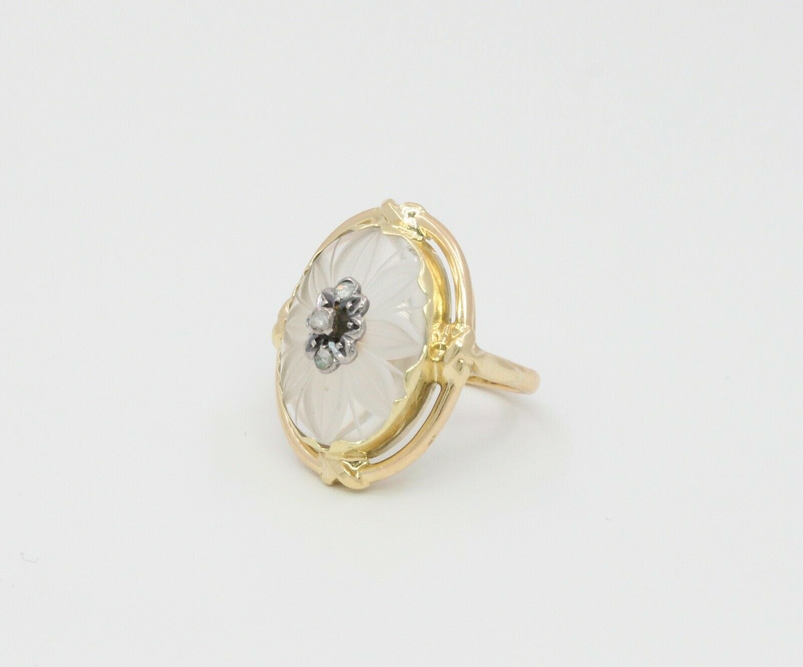 Vintage 14K Yellow Gold Floral Diamond Carved Rock Crystal Ring