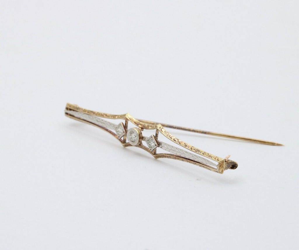 Antique Art Deco 14K Two Tone Gold Old Mine Cut Diamond Bar Pin.