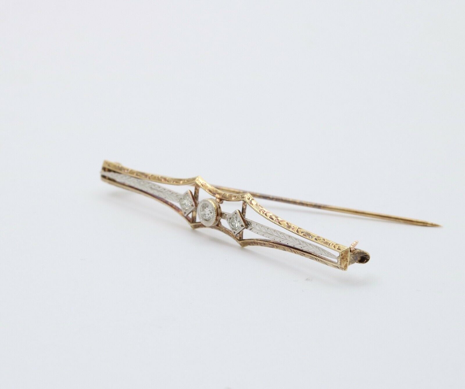 Antique Art Deco 14K Two Tone Gold Old Mine Cut Diamond Bar Pin.