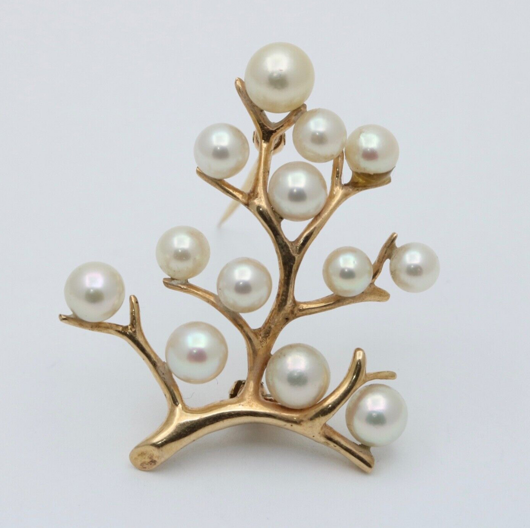 Vintage Mikimoto 14K Yellow Gold Cultured Akoya Pearl Branching Flower Brooch