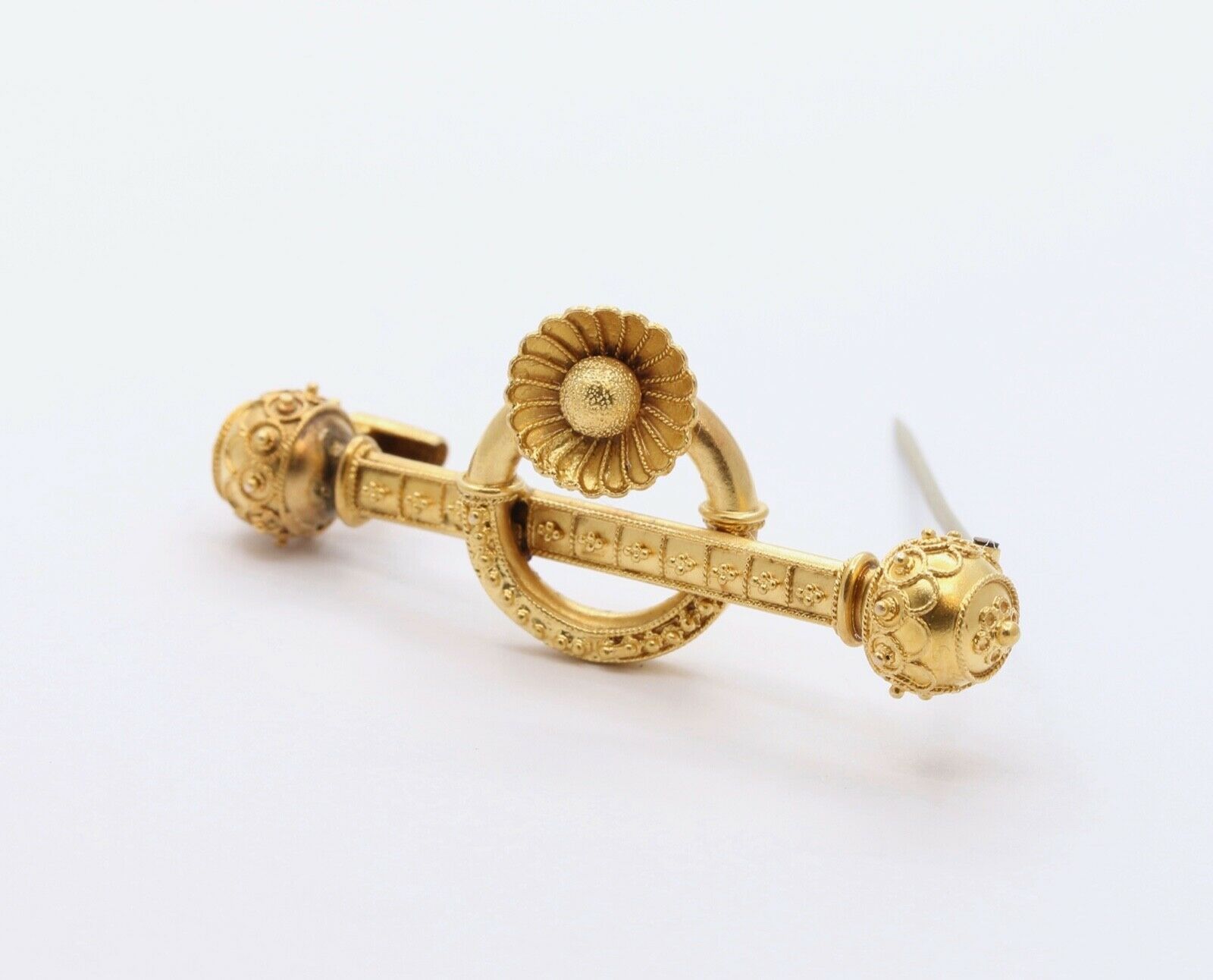 Victorian Etruscan Revival 14K Yellow Gold Brooch Pin