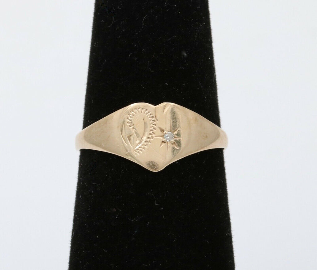 English 9K Yellow Gold Diamond Heart Signet Ring