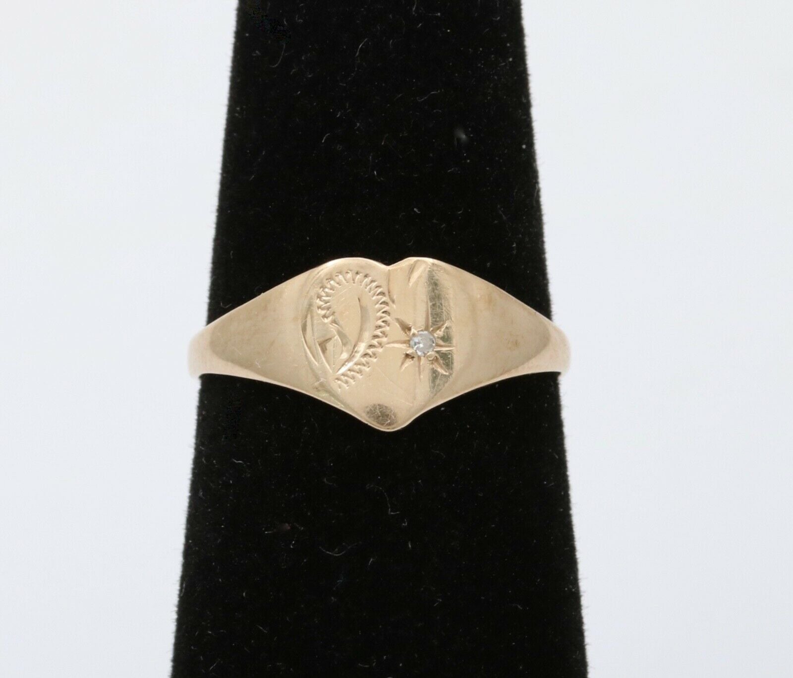 English 9K Yellow Gold Diamond Heart Signet Ring