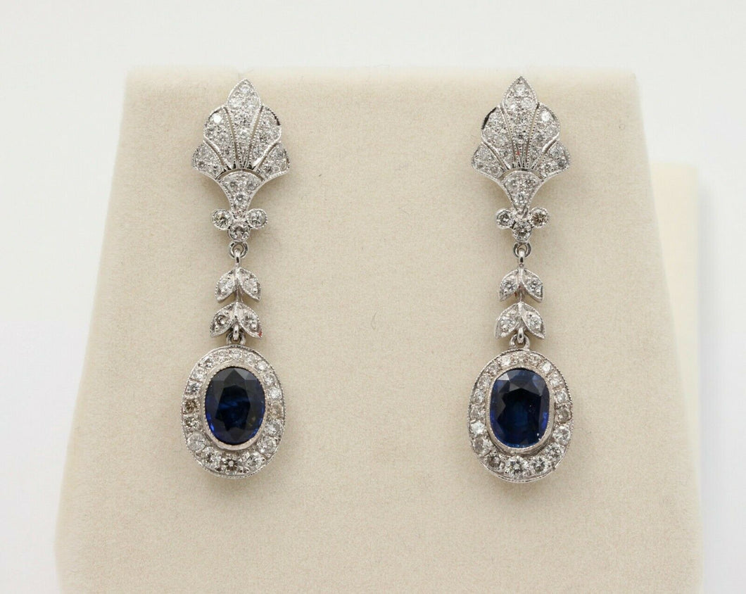 Vintage 18K White Gold Hanging Sapphire Diamond Earrings