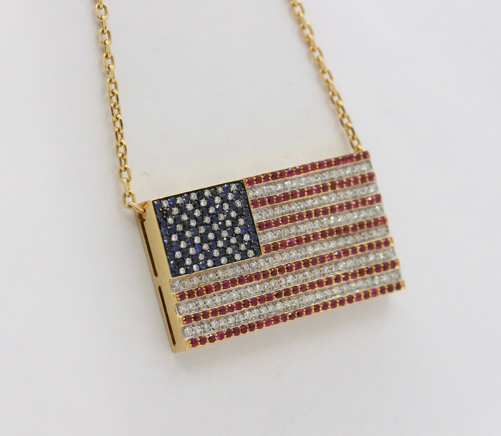 Vintage 18K Yellow Gold Diamond Sapphire Ruby US Flag Pendant