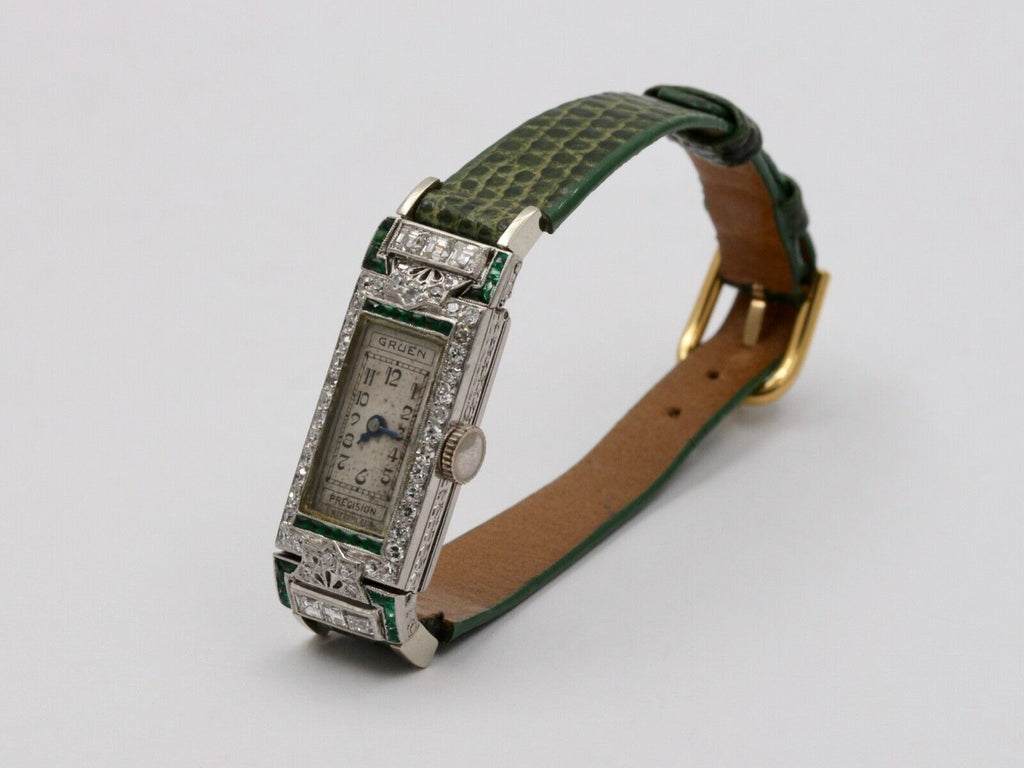Art Deco Gruen Diamonds Emeralds Platinum Ladies Watch