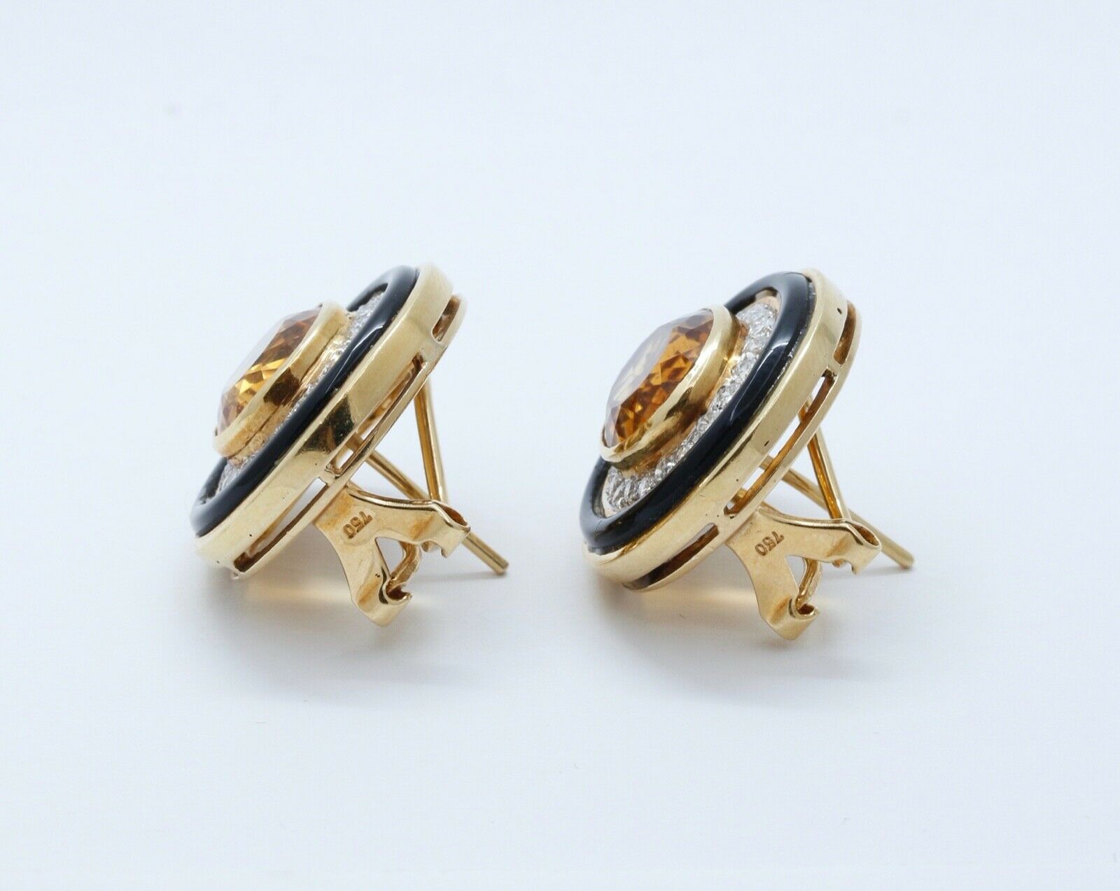 Vintage 18K Yellow Gold Citrine Diamonds Onyx Earrings