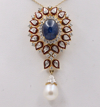 Load image into Gallery viewer, Gorgeous 18K Yellow Gold Cabochon Sapphire, Pearl And Diamond Pendant
