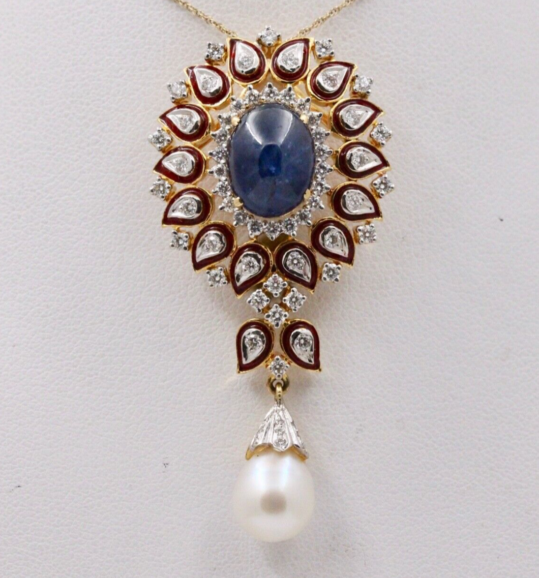 Gorgeous 18K Yellow Gold Cabochon Sapphire, Pearl And Diamond Pendant