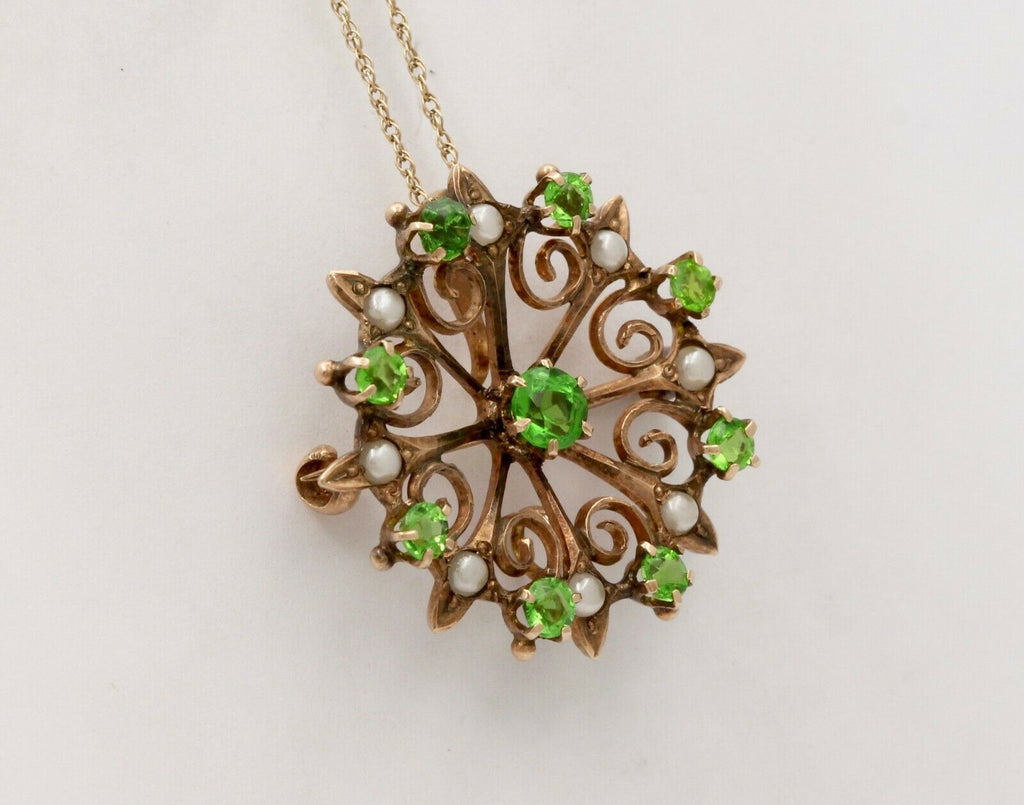 Sweet Victorian Scrolling Green Garnet And Split Pearl Brooch Pin, Pendant, Watc