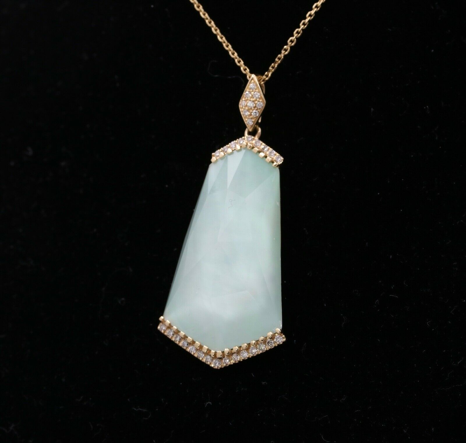 Minimalist 14K Yellow Gold Diamond Rock Crystal Fan Shape Crystal Haze Pendant Necklace