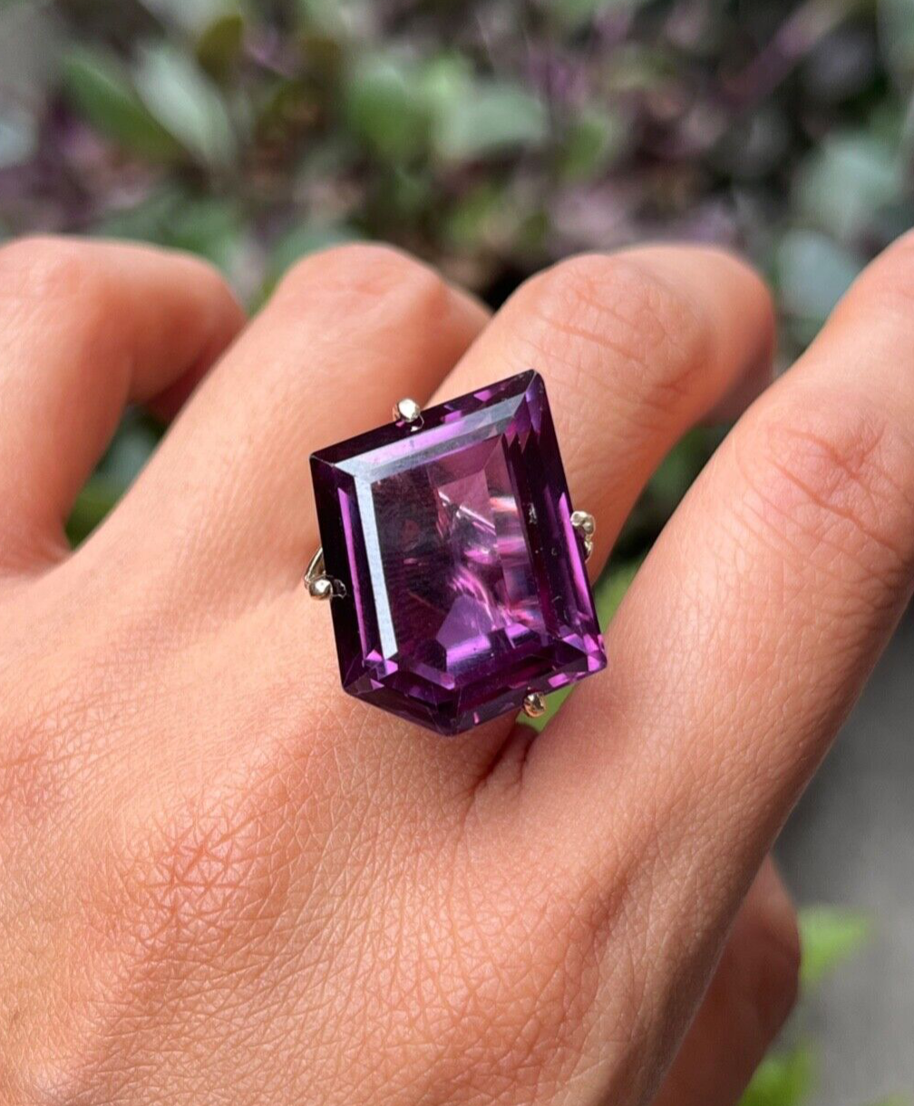 Vintage 14K White Gold Special Cut Amethyst Ring, Statement Ring.