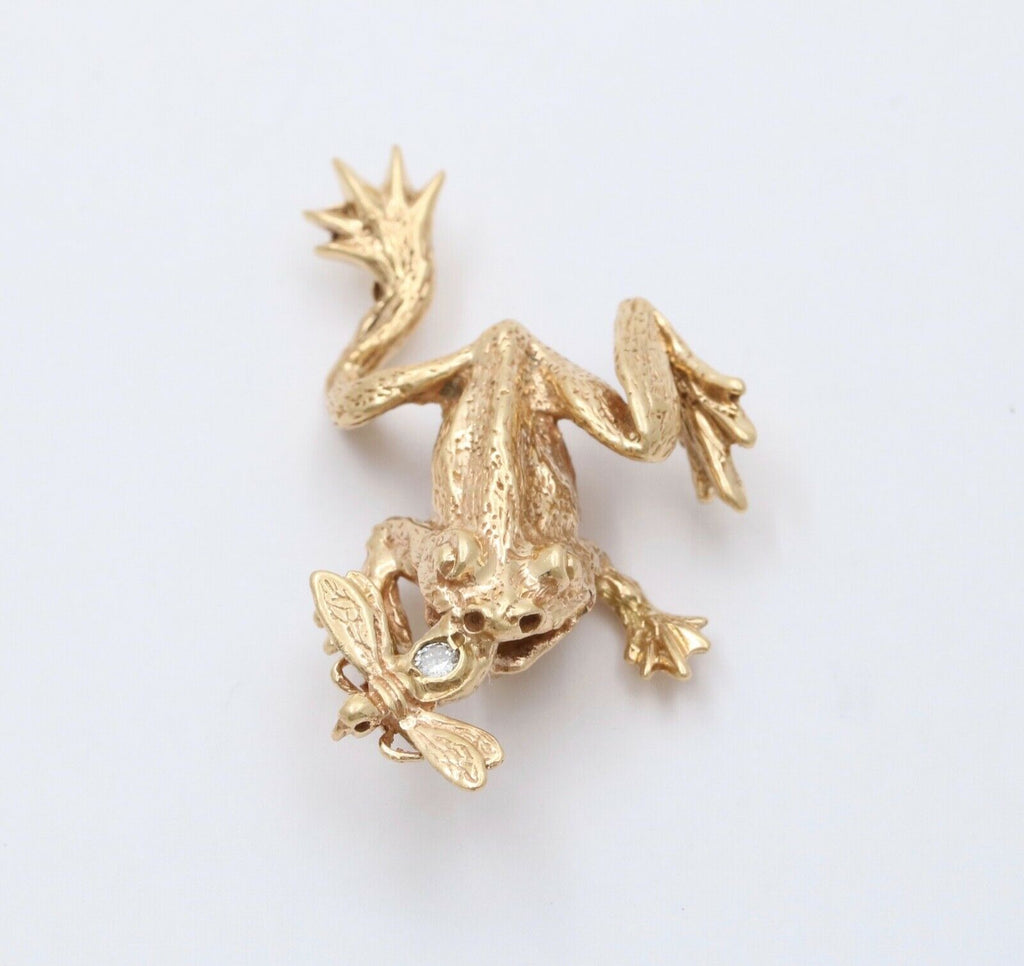 Vintage Frog Eating a Bee Diamond 14K Yellow Gold Pendant