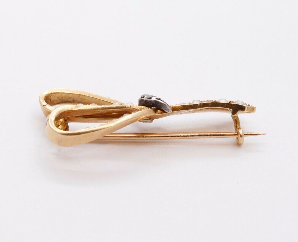 Victorian Ribbon 18K Yellow White Gold Diamonds Seed Pearls Brooch Pin