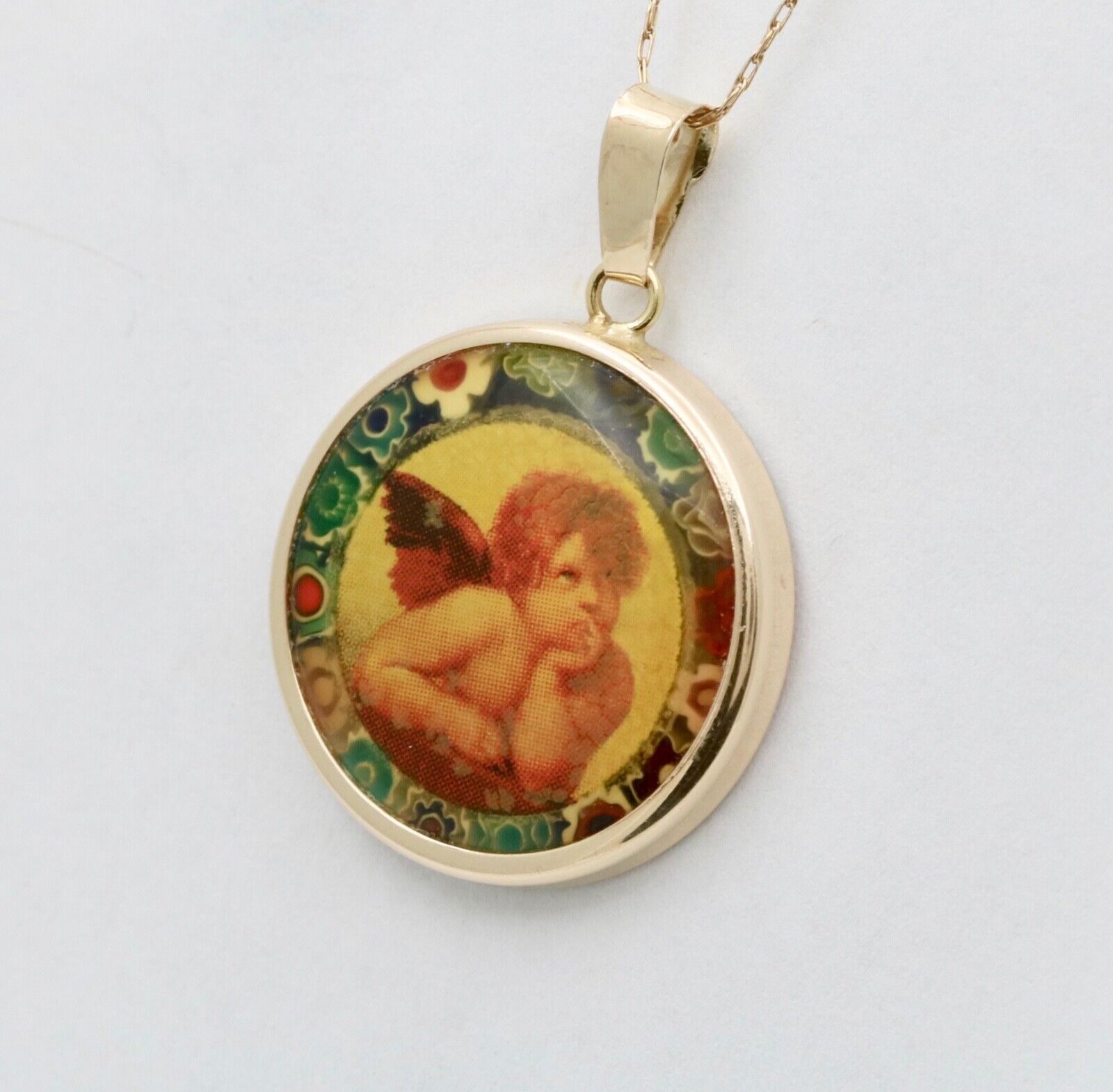 Vintage Italian Angel Portrait 14K Yellow Gold Pendant