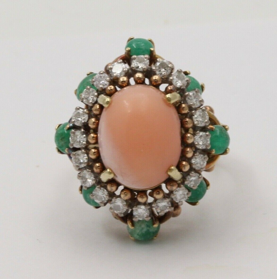Vintage Angel Skin Coral Diamond & Emerald Halo Cocktail Ring