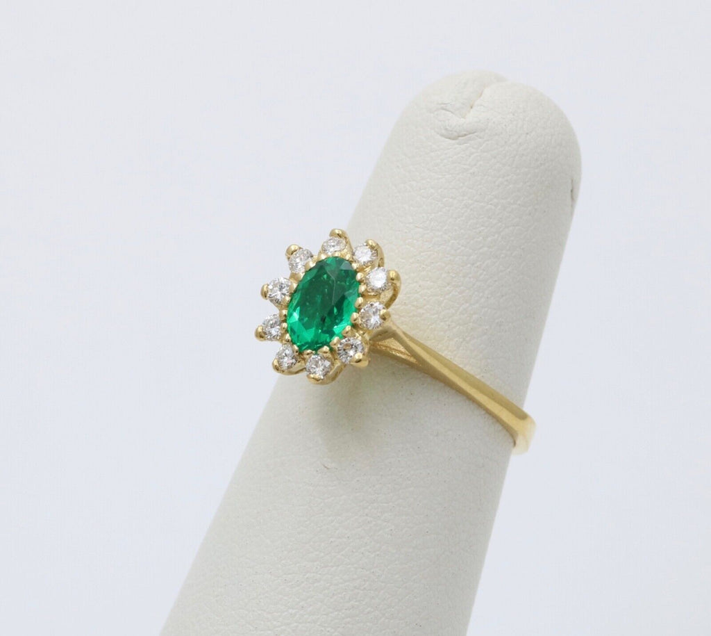 Vintage 18K Gold Emerald Diamond Halo Ring, Engagement Band