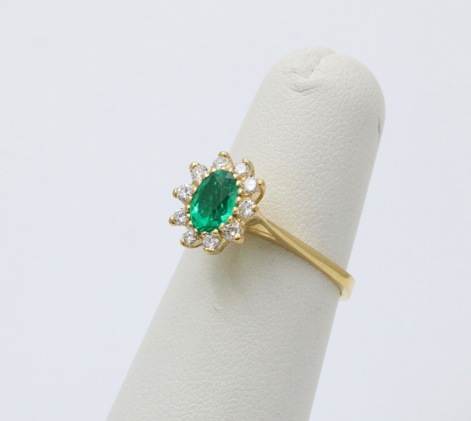 Vintage 18K Gold Emerald Diamond Halo Ring, Engagement Band
