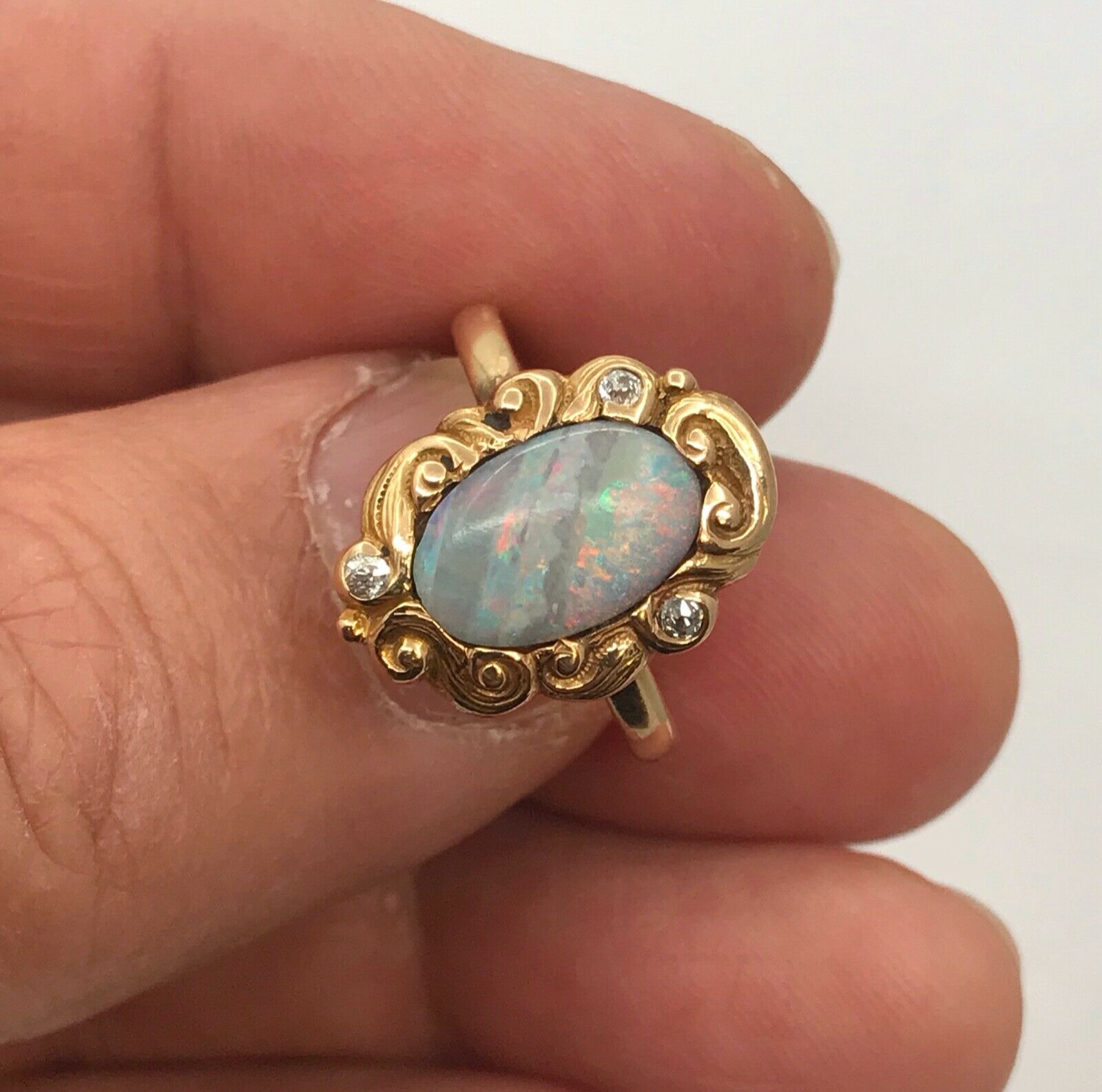 Victorian Opal Old Mine Diamonds 14K Yellow Gold Ring