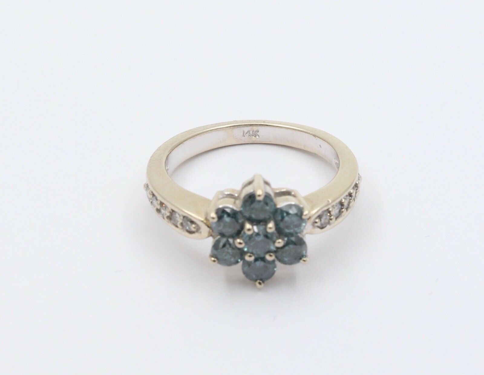Vintage 14K White Gold Blue Diamond Floral Ring