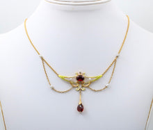 Load image into Gallery viewer, Art Nouveau Pendant Chain Garnet Natural Pearls Diamonds 14K Yellow Gold
