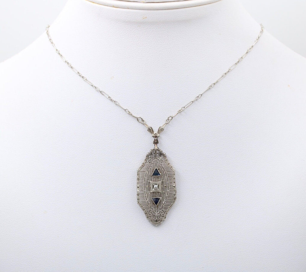 Art Deco 10K Gold Filigree Diamond & Sapphire Pendant Necklace