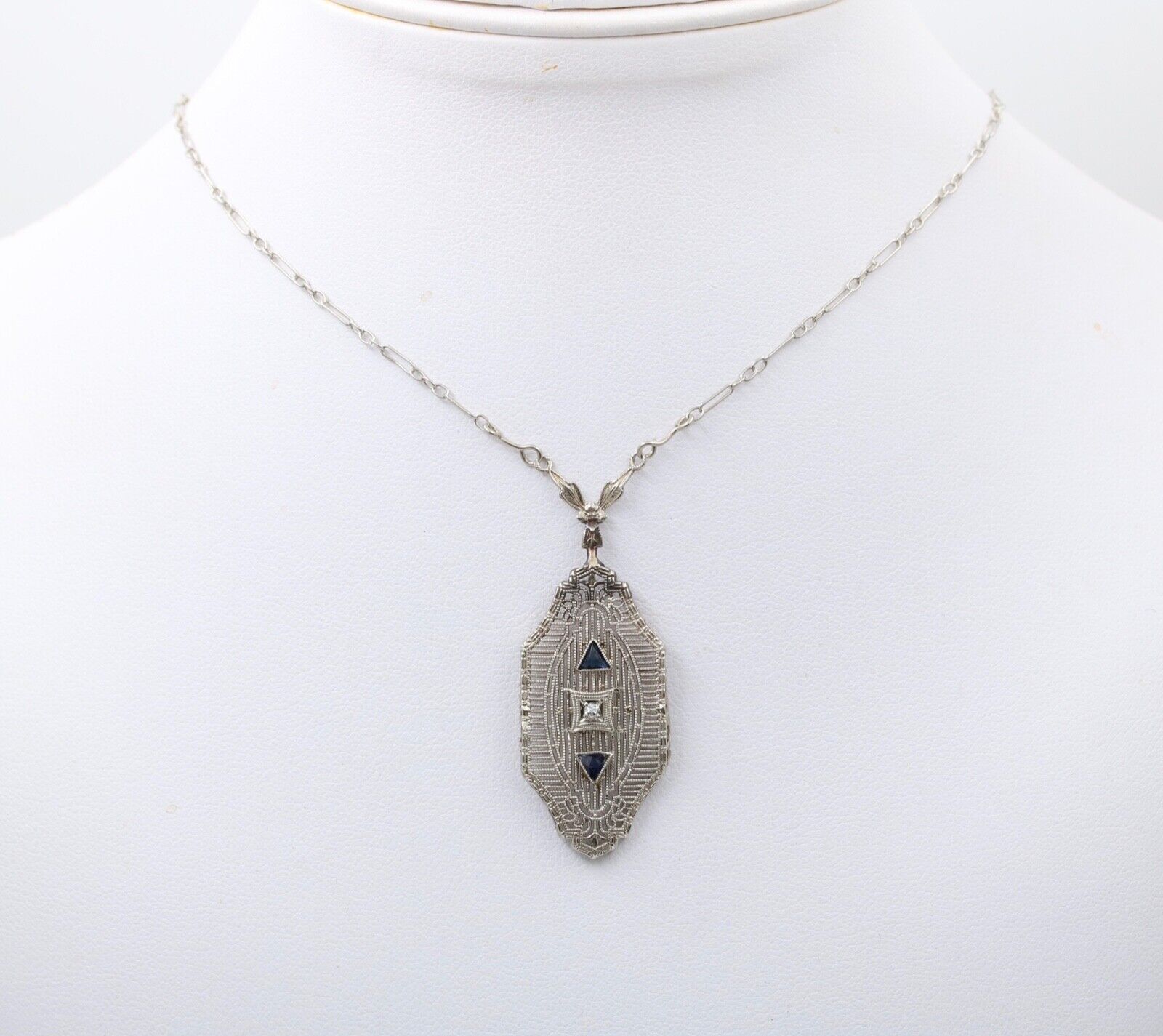 Art Deco 10K Gold Filigree Diamond & Sapphire Pendant Necklace