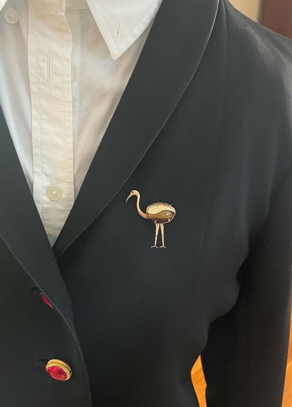 Vintage 14K Yellow Gold Tiger Eye Crane Bird Brooch, Estate Pin.