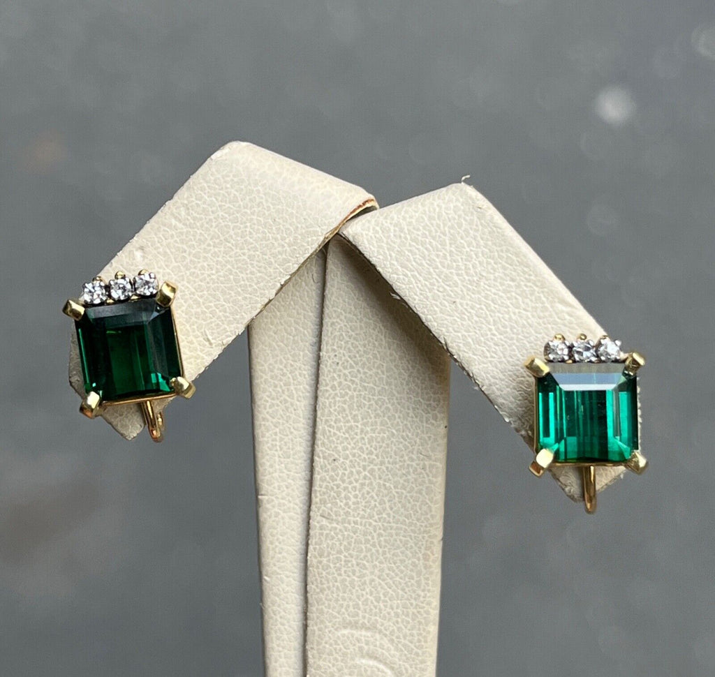 Vintage 18K Gold Green Tourmaline and Diamond Earrings.