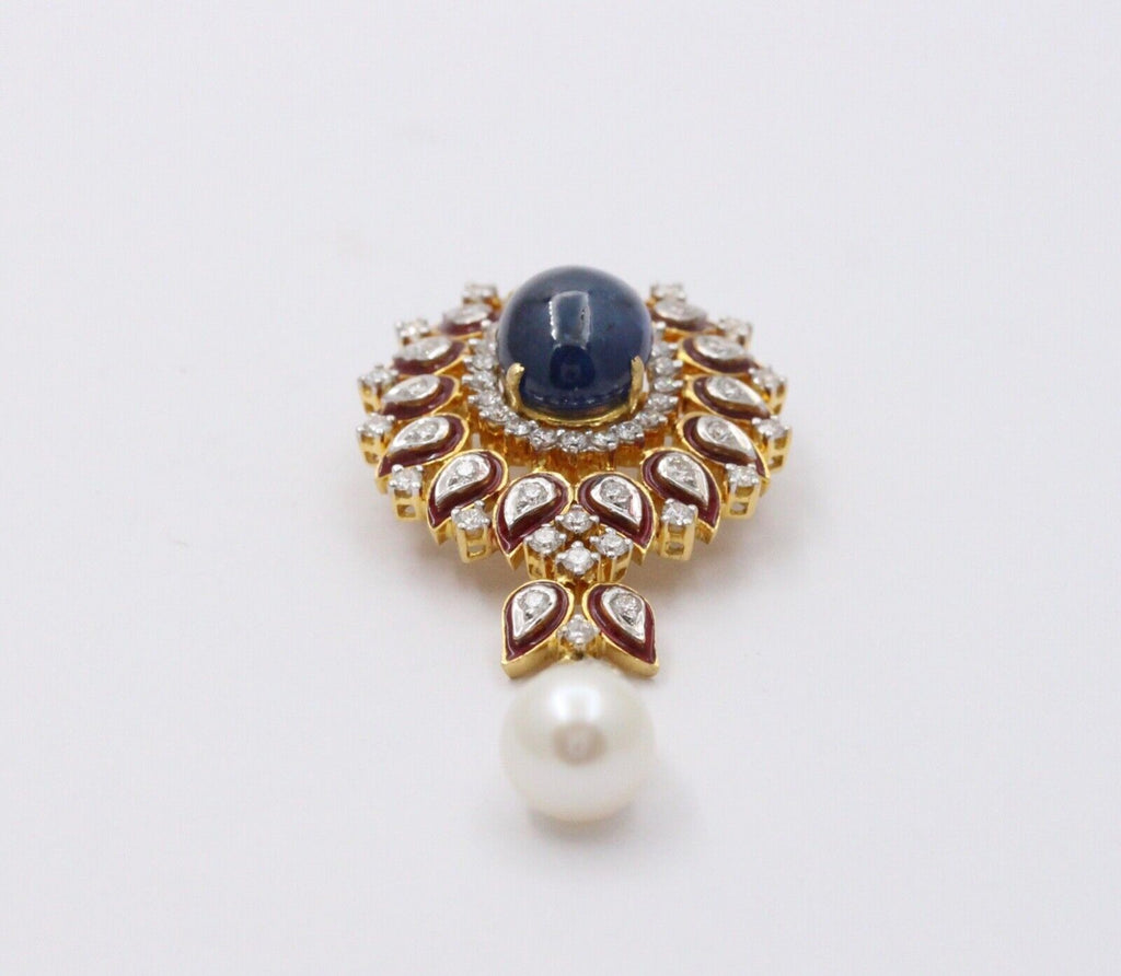 Gorgeous 18K Yellow Gold Cabochon Sapphire, Pearl And Diamond Pendant