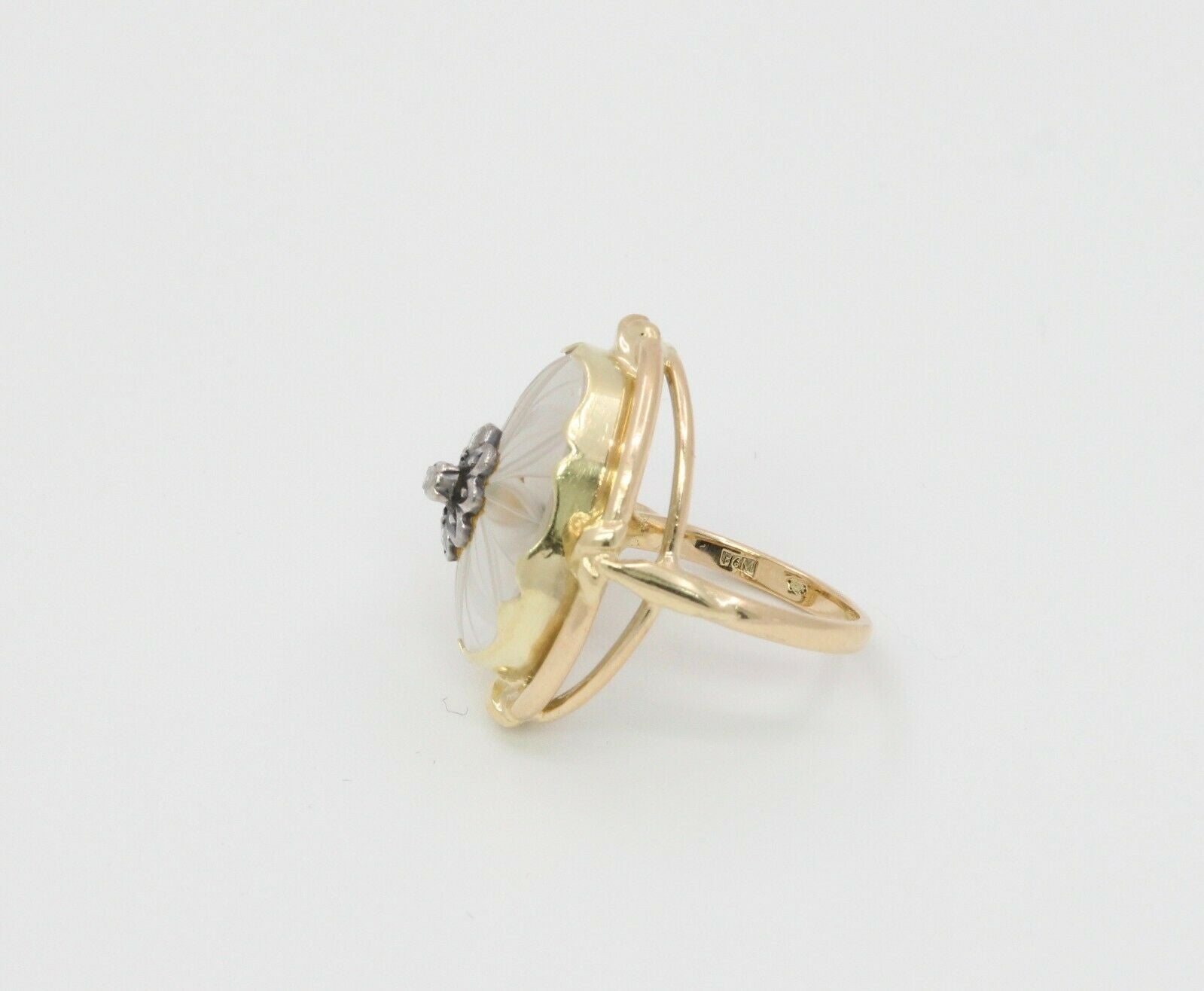 Vintage 14K Yellow Gold Floral Diamond Carved Rock Crystal Ring