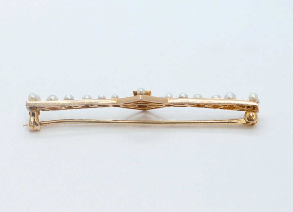 Art Deco 14K Yellow Gold Blue Sapphire Pearls Brooch Pin