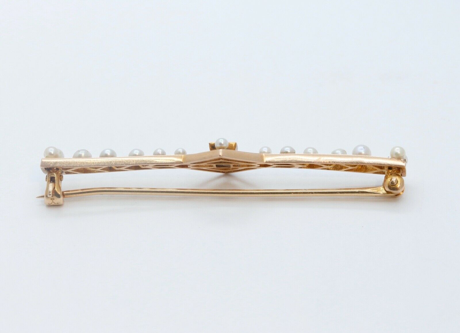 Art Deco 14K Yellow Gold Blue Sapphire Pearls Brooch Pin