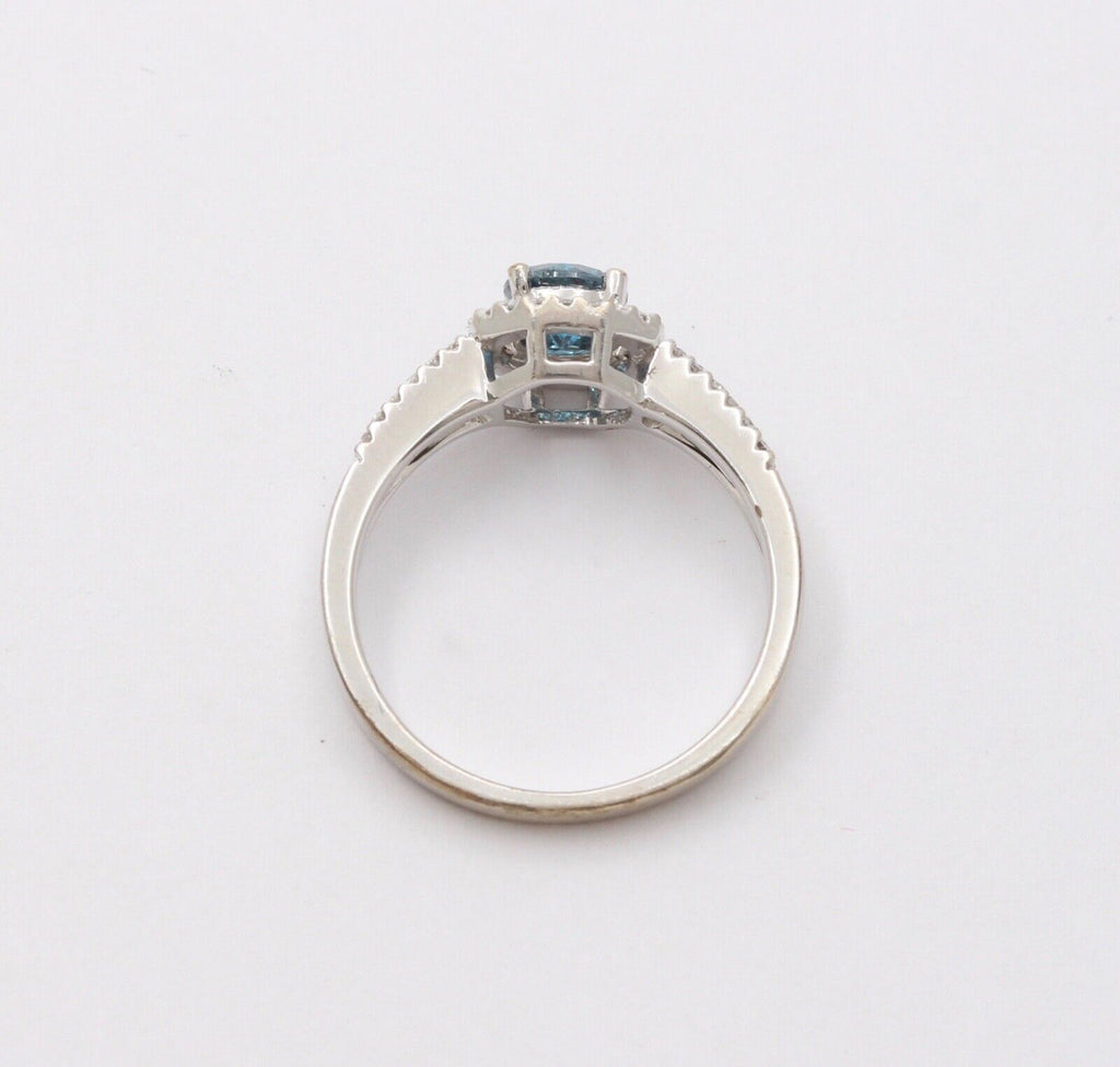 Vintage 14K White Gold Blue Topaz Diamond Halo Ring, Engagement Rig