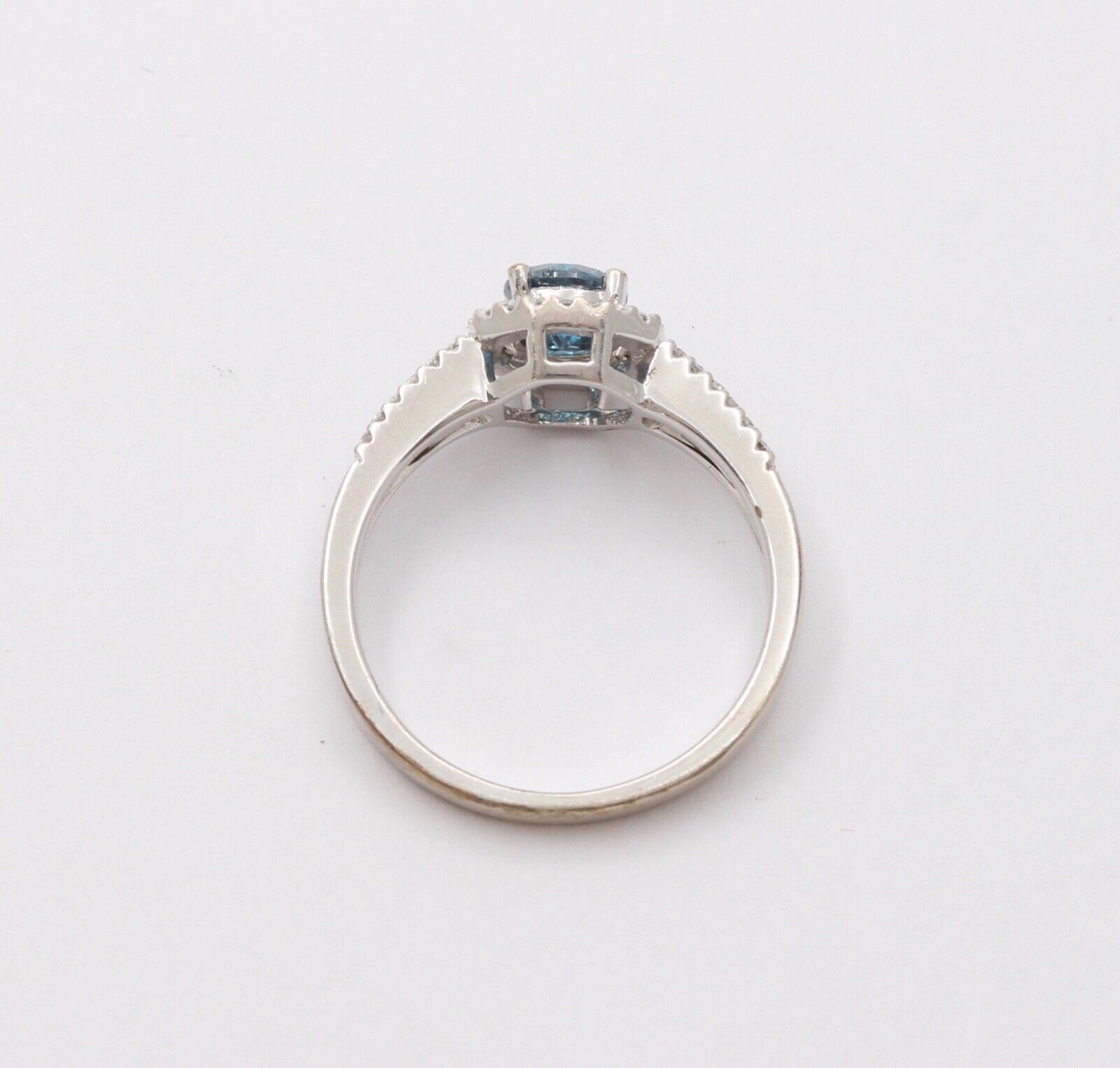 Vintage 14K White Gold Blue Topaz Diamond Halo Ring, Engagement Rig